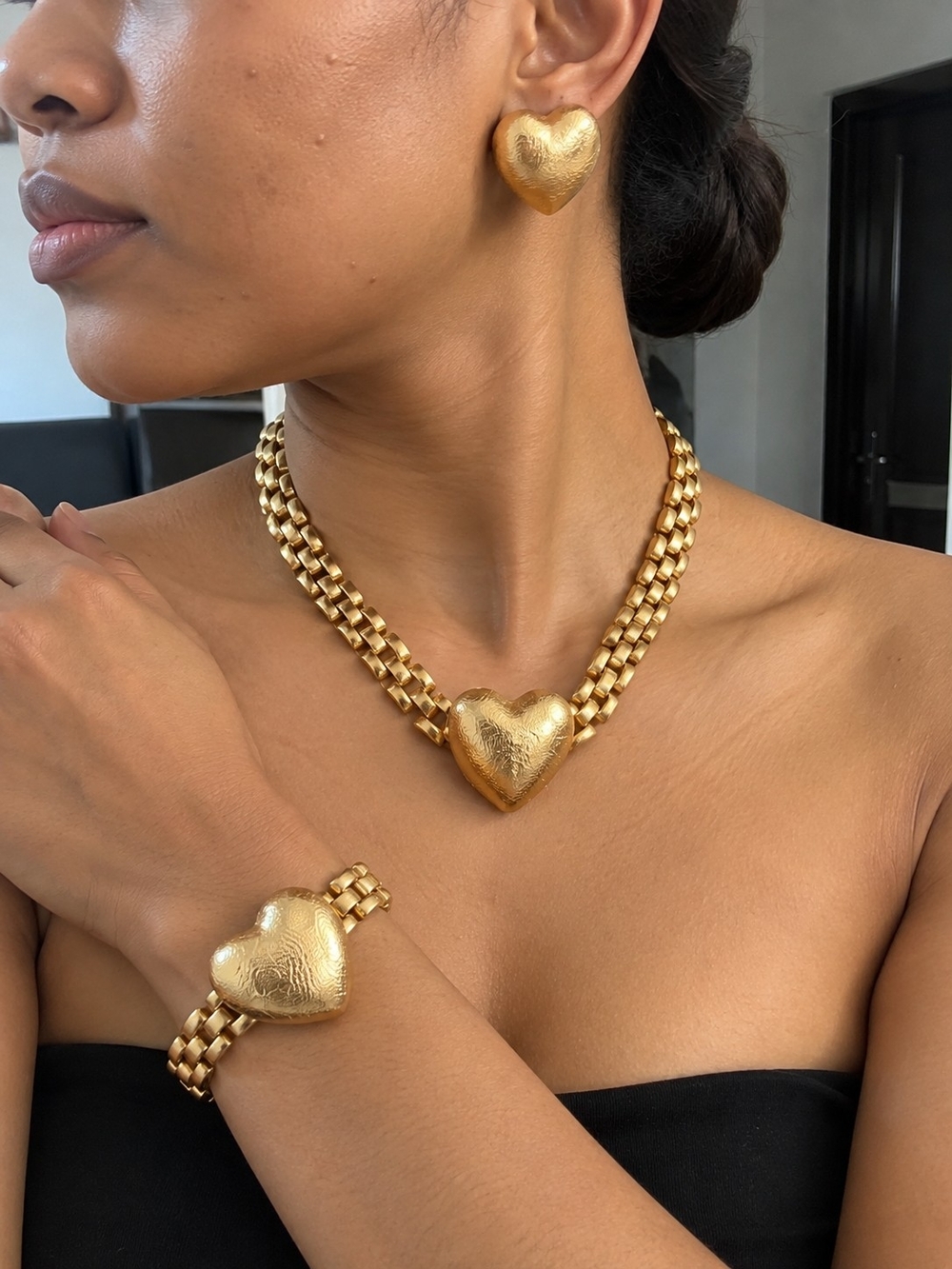 Gold Heart Necklace, Bracelet & Earrings Set - Women Jewelry